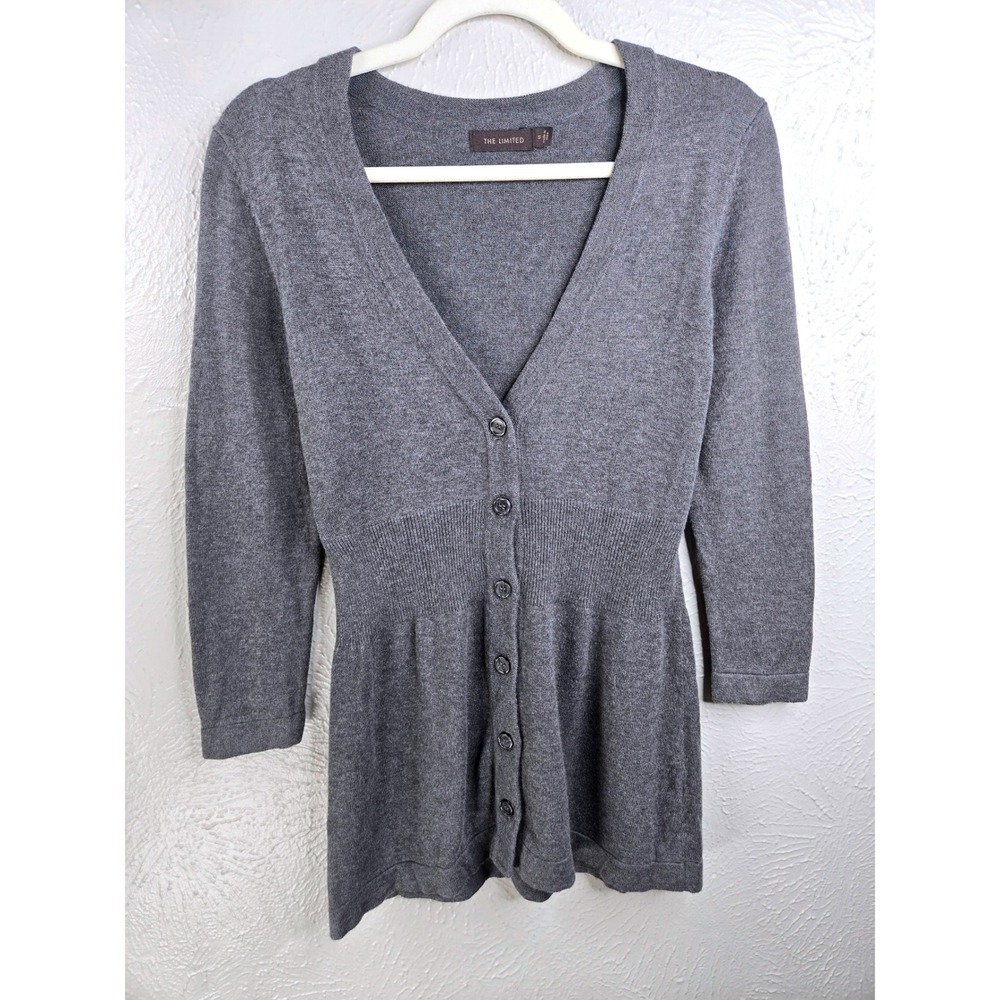 The Limited Deep V Button Cardigan Sweater S Gray Knit 3/4 Sleeve Fitted Y2k Top